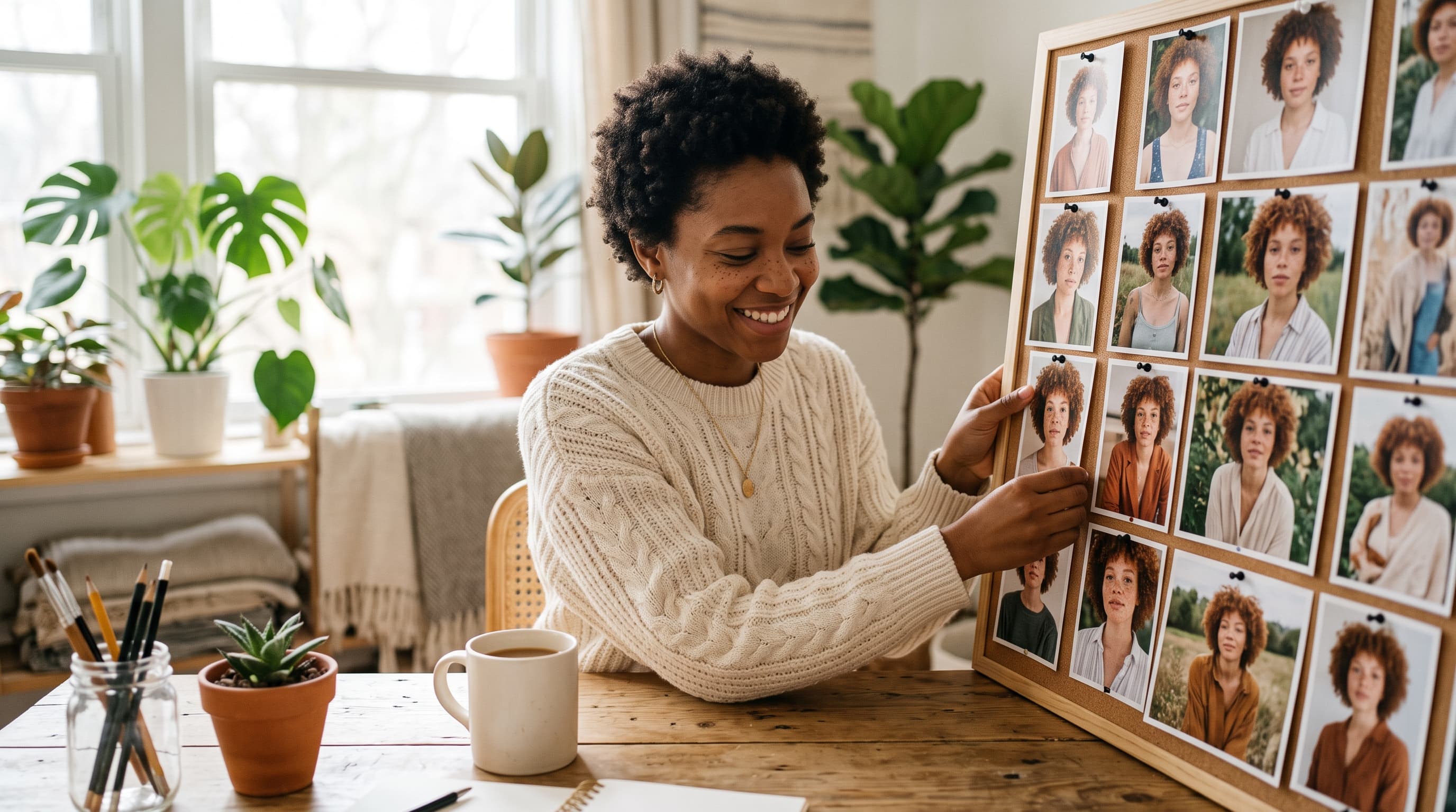 A creator pins portraits of the same curly-haired AI avatar onto a cork board in a sunlit home studio
