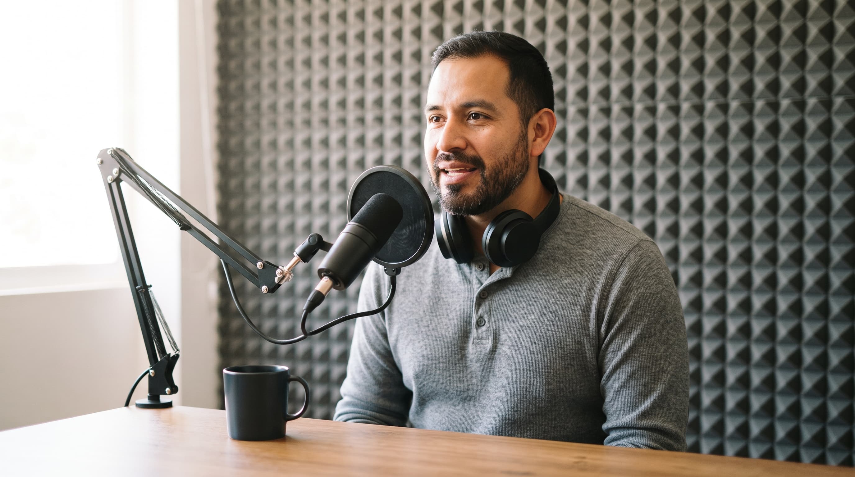 Bearded man in his 40s speaking into a studio microphone in a small home recording nook with acoustic foam