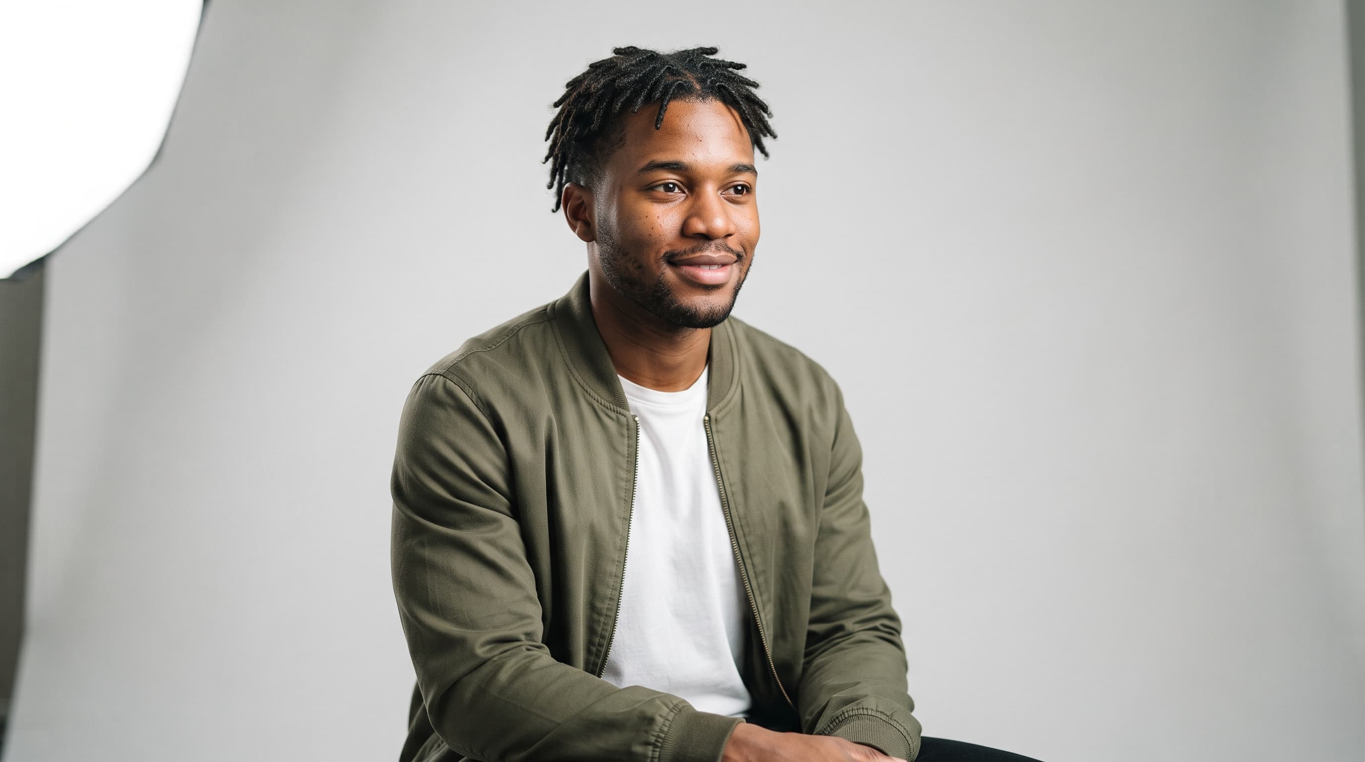 AI avatar of a man with short locs in an olive bomber jacket, three-quarter view, grey studio backdrop