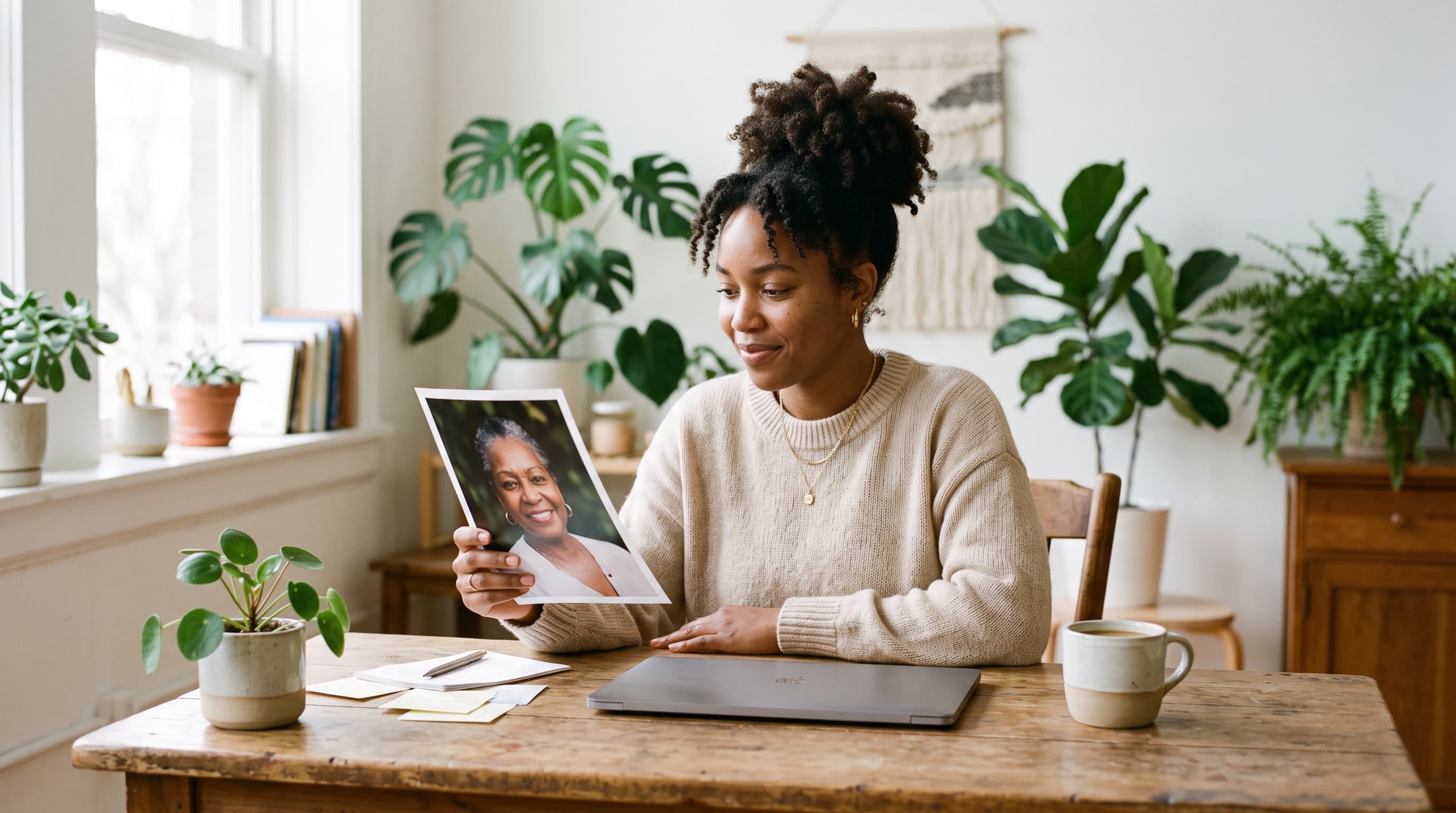 Creator at a sunny desk holding a printed portrait photo she plans to animate into a video