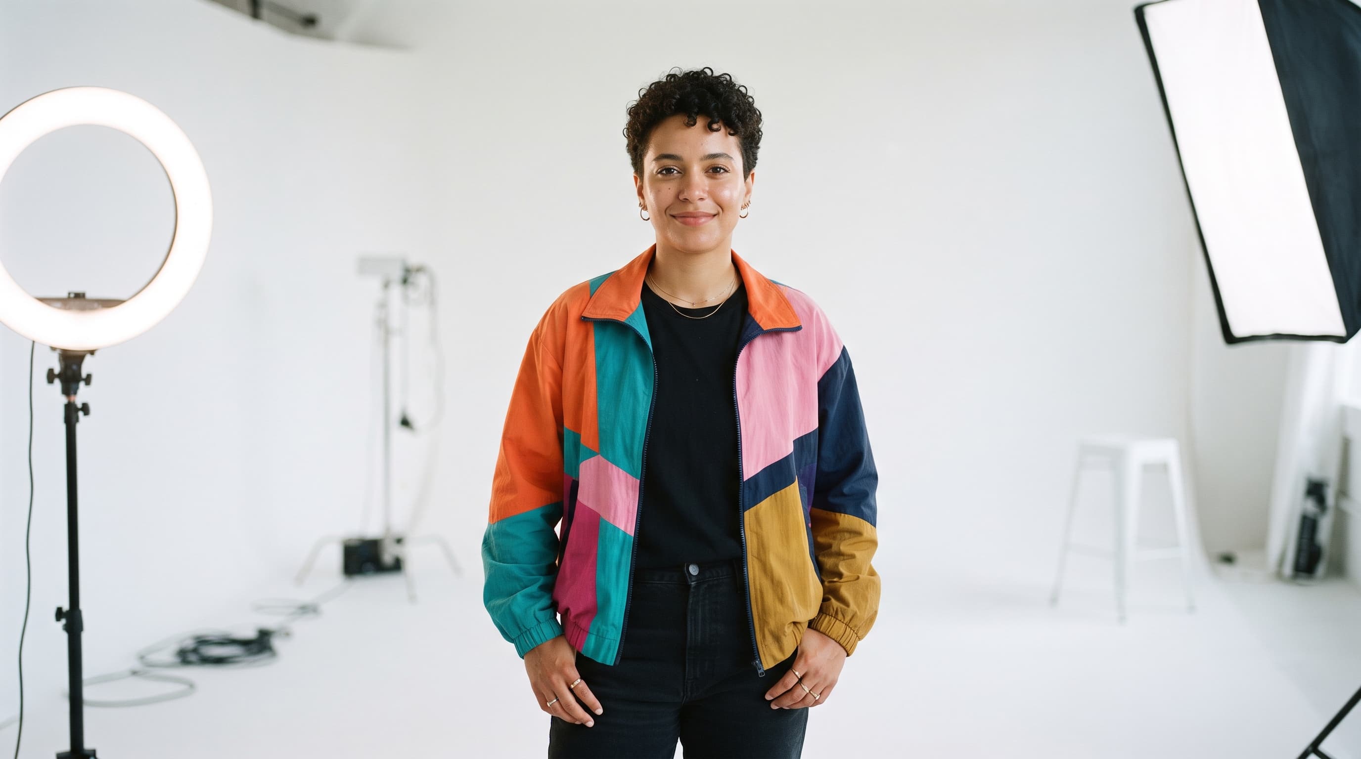 Non-binary creator in a colourful jacket standing centred in a bright white studio beside a ring light