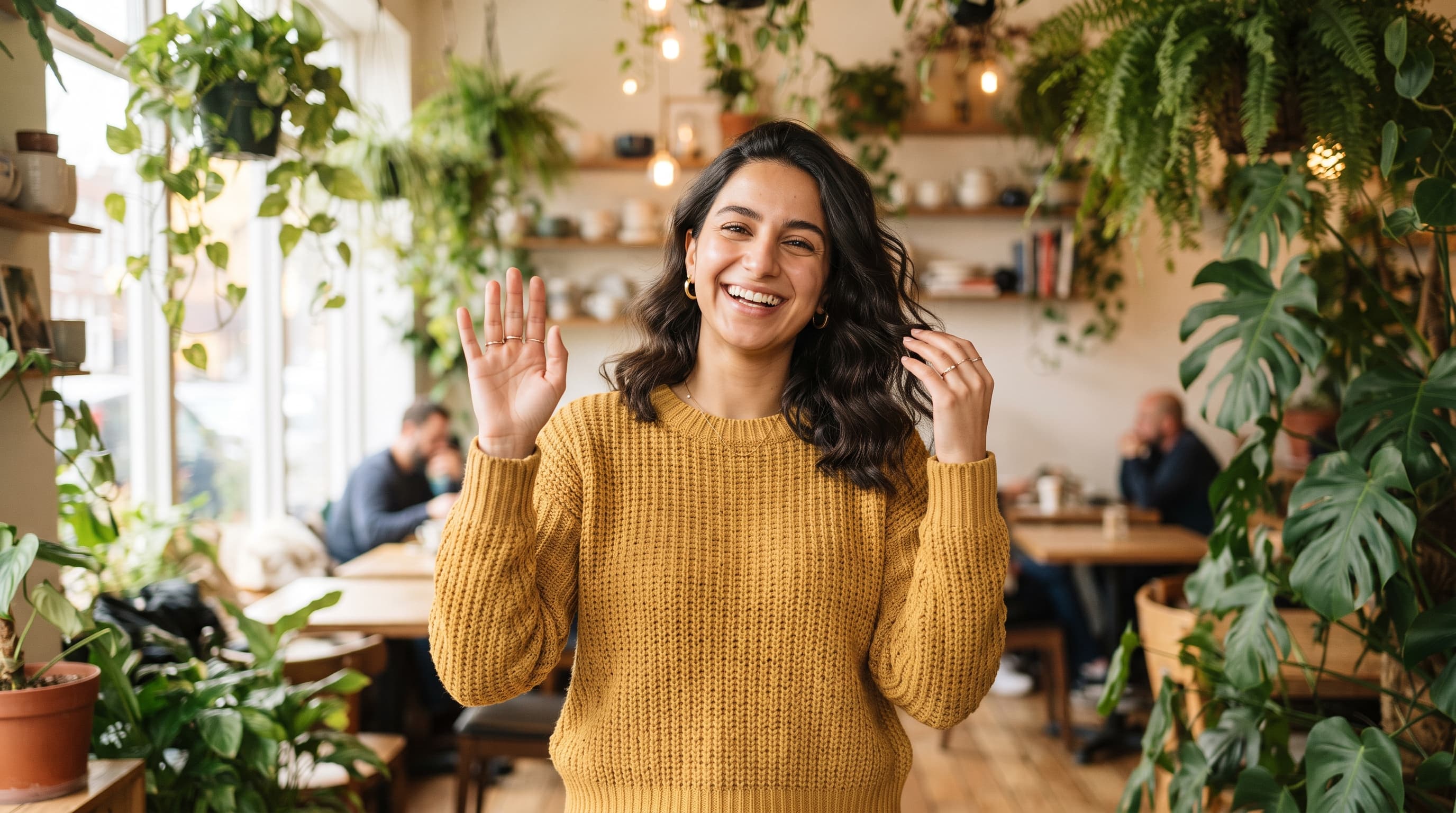Young woman in a mustard sweater waves and touches her hair in a plant-filled café