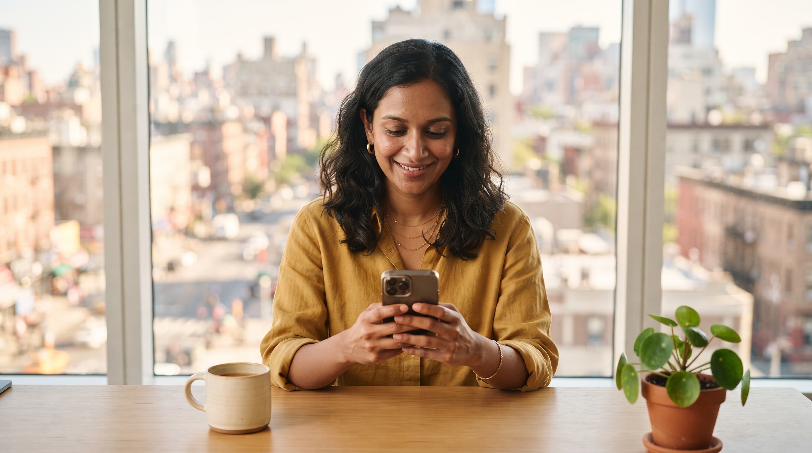Creator in her 30s smiling at her phone at a sunlit desk by a window with a city view