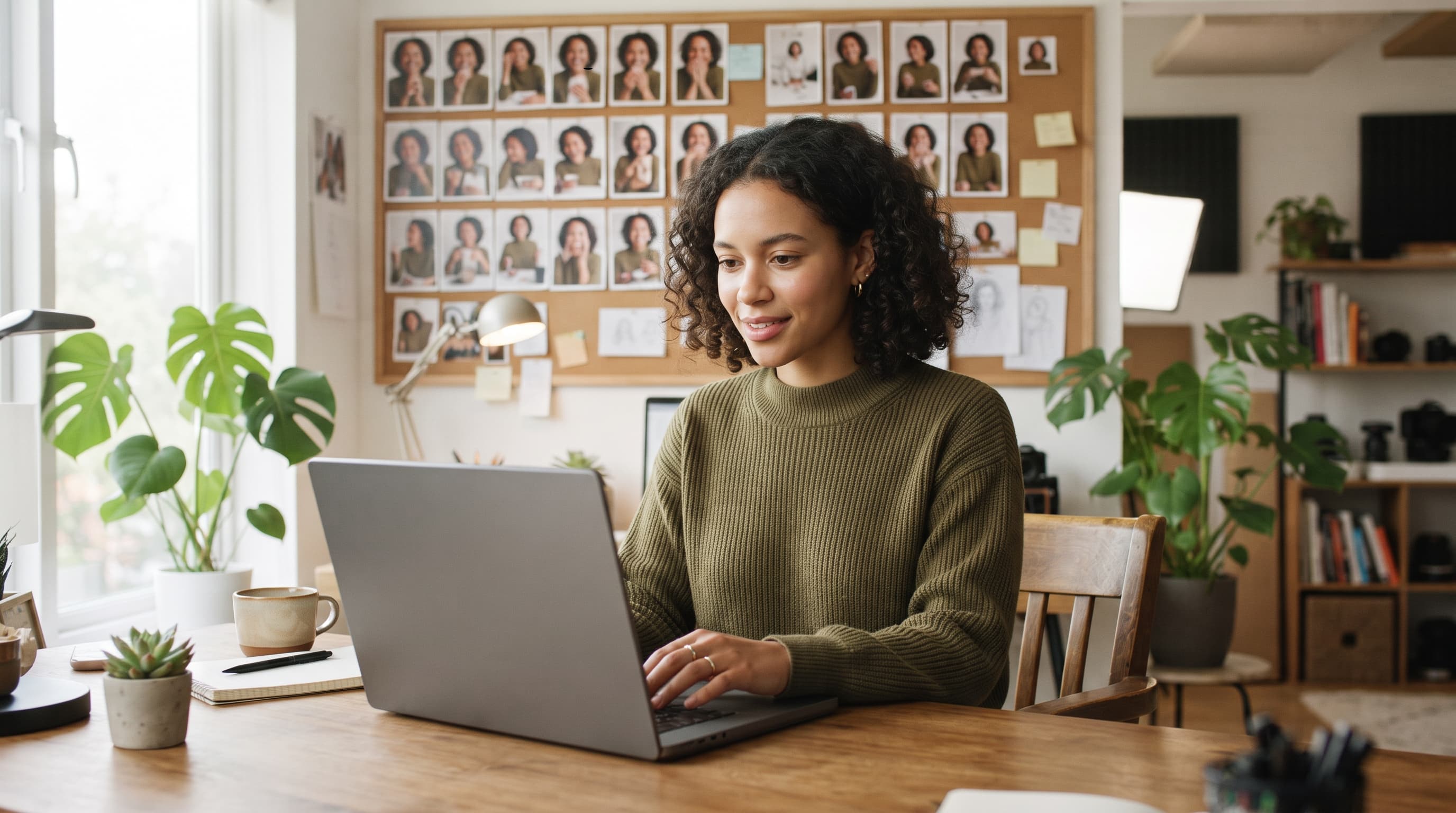 A creator works on a laptop in front of a corkboard full of reference portraits of the same character